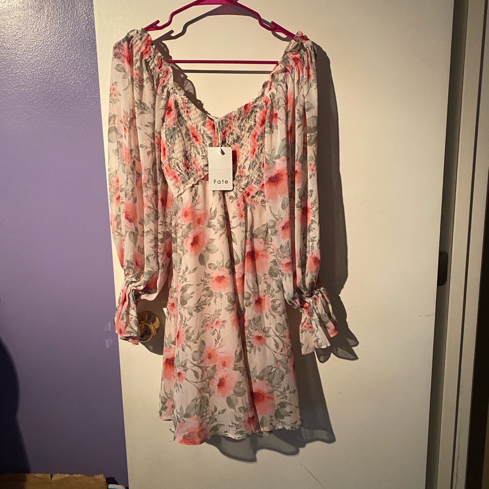 Fate Pink Floral Dress with Long Sleeves
